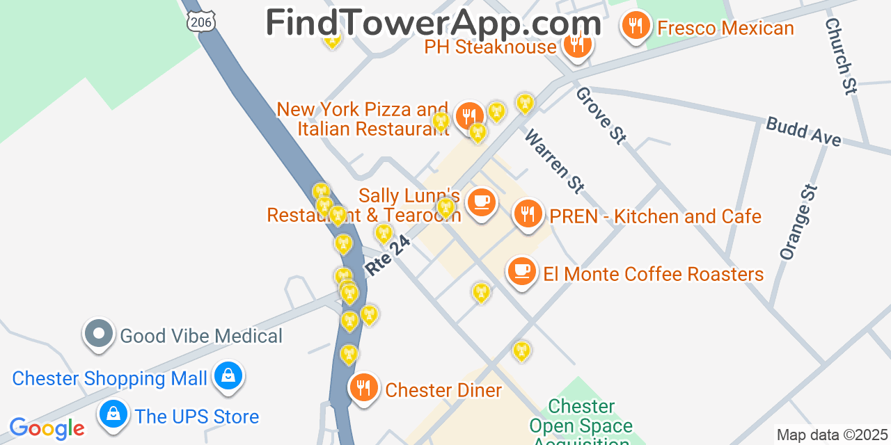 Map showing the 20 primary cell tower locations detected in Chester, New Jersey from AT&T, Verizon, and T-Mobile networks