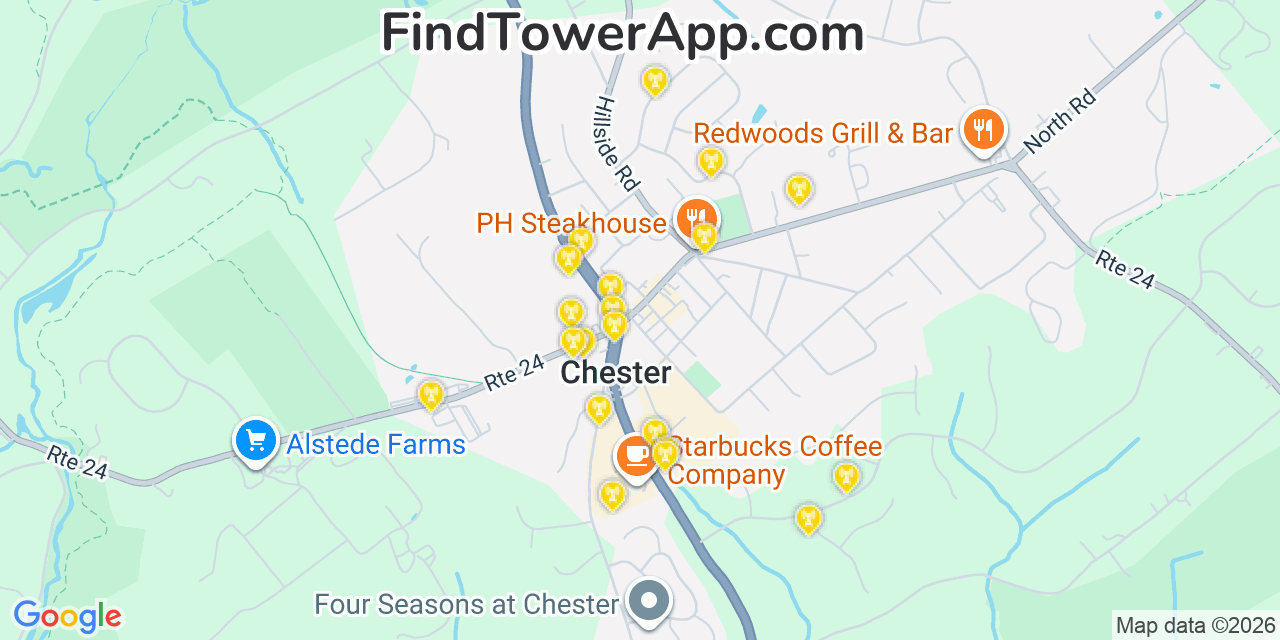 Map showing the 20 primary cell tower locations detected in Chester, New Jersey from AT&T, Verizon, and T-Mobile networks