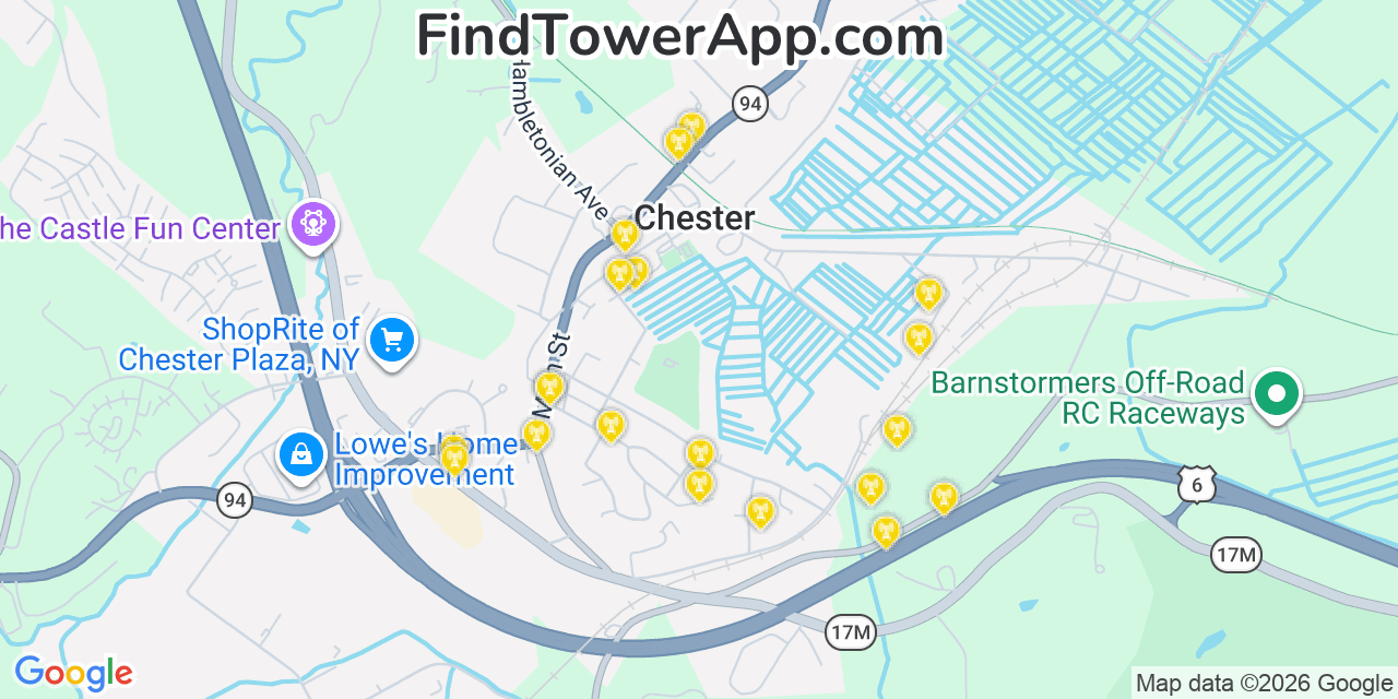 Map showing the 20 primary cell tower locations detected in Chester, New York from AT&T, Verizon, and T-Mobile networks