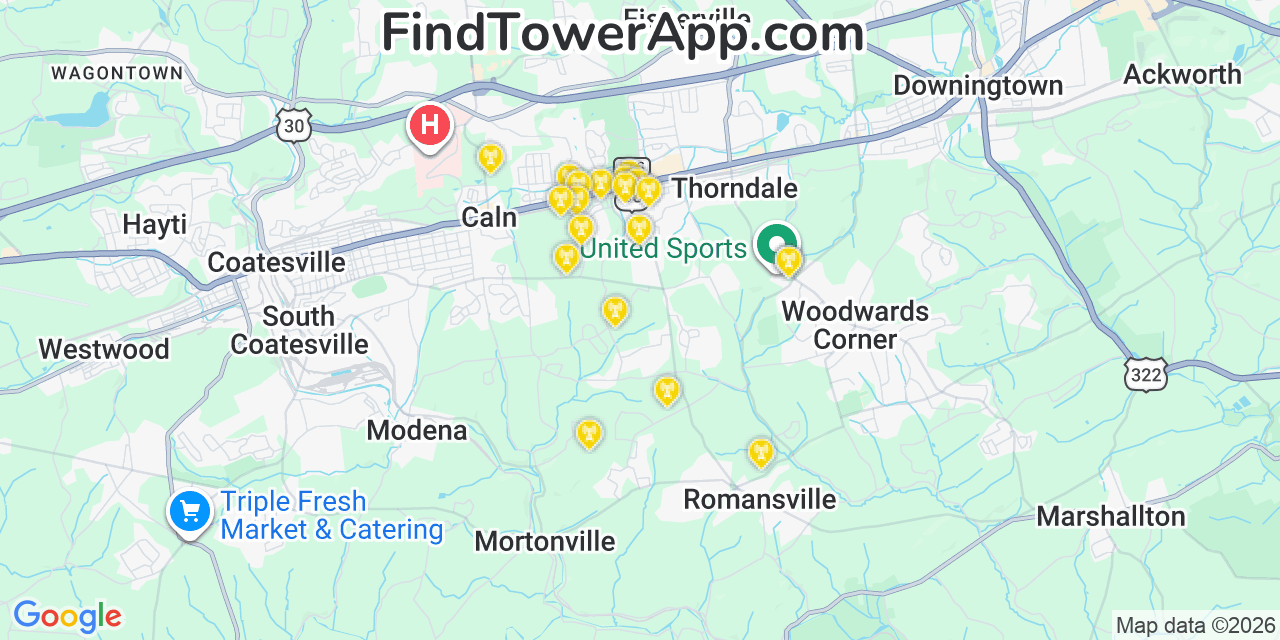 Map showing the 20 primary cell tower locations detected in Chester, Pennsylvania from AT&T, Verizon, and T-Mobile networks
