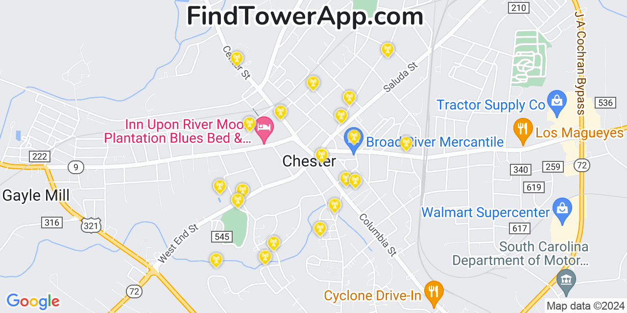 AT&T 4G/5G cell tower coverage map Chester, South Carolina