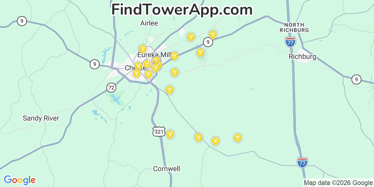 Map showing the 20 primary cell tower locations detected in Chester, South Carolina from AT&T, Verizon, and T-Mobile networks