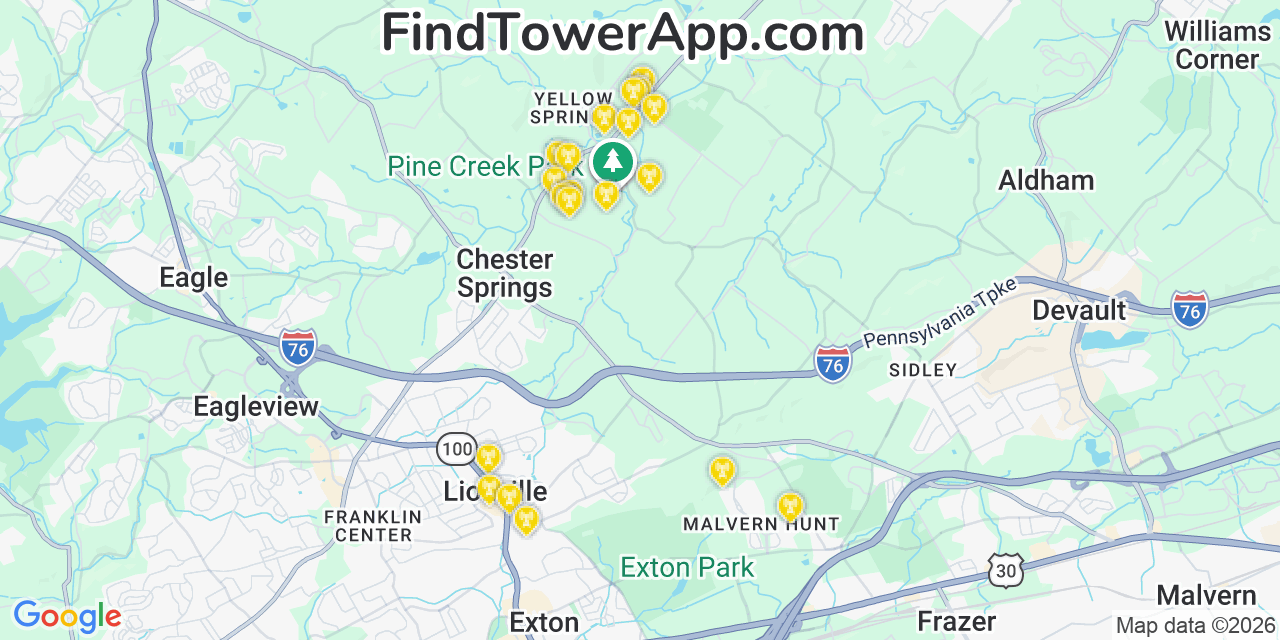 Map showing the 20 primary cell tower locations detected in Chester Springs, Pennsylvania from AT&T, Verizon, and T-Mobile networks