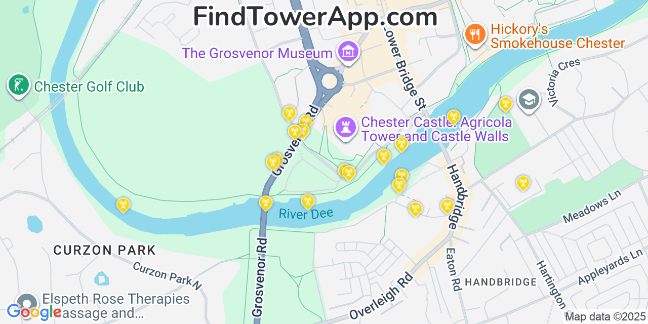 Map showing the 20 primary cell tower locations detected in Chester, United Kingdom with coverage areas and signal strength