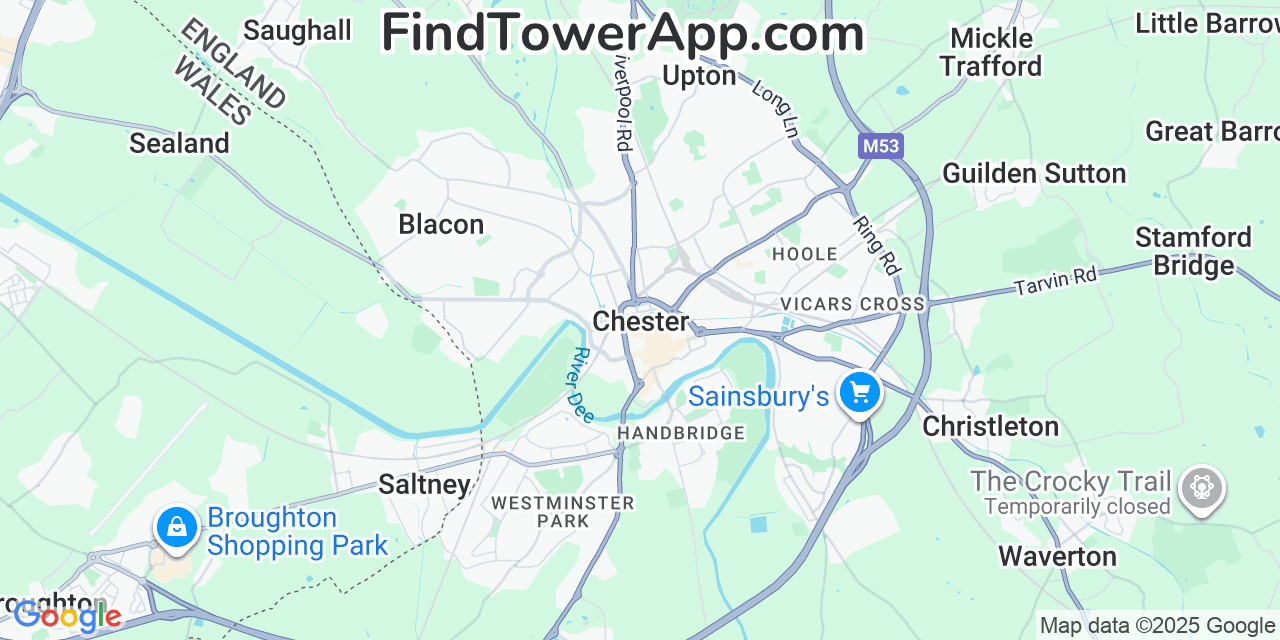Map showing the 0 primary Three cell tower locations detected in Chester, United Kingdom with coverage radius and signal strength indicators
