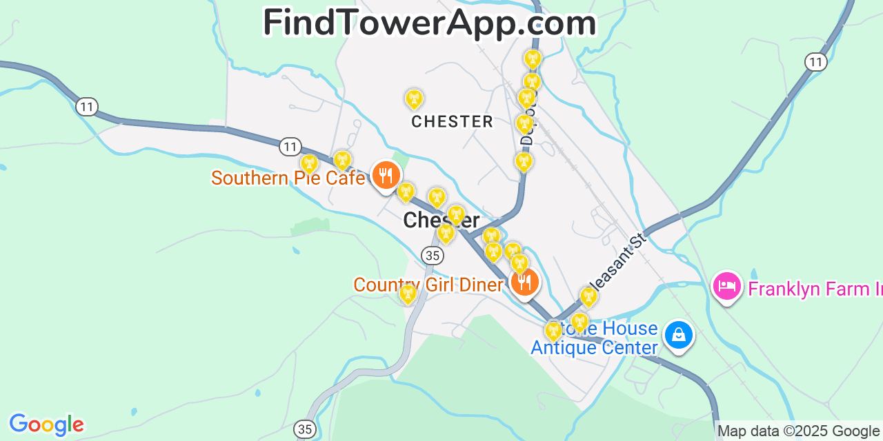 Map showing the 20 primary cell tower locations detected in Chester, Vermont from AT&T, Verizon, and T-Mobile networks