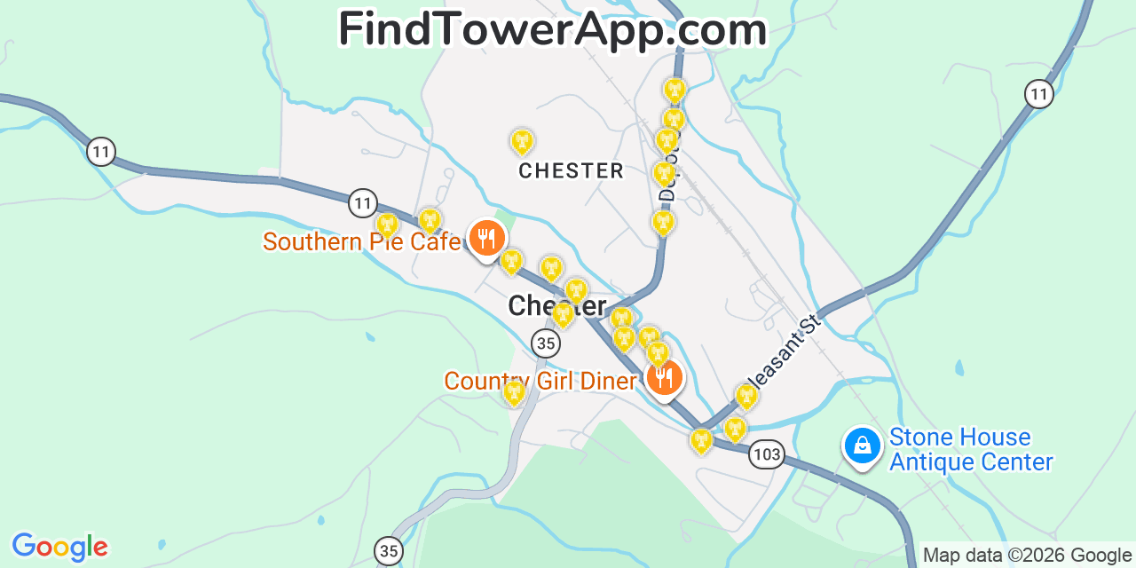 Map showing the 20 primary cell tower locations detected in Chester, Vermont from AT&T, Verizon, and T-Mobile networks