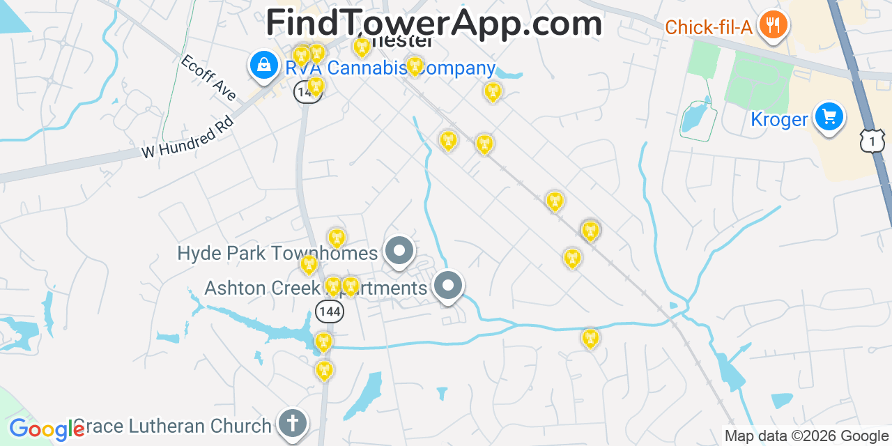 Map showing the 20 primary cell tower locations detected in Chester, Virginia from AT&T, Verizon, and T-Mobile networks
