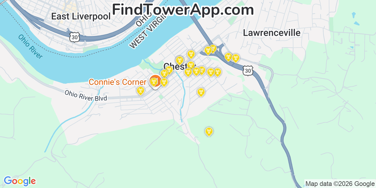Map showing the 20 primary cell tower locations detected in Chester, West Virginia from AT&T, Verizon, and T-Mobile networks