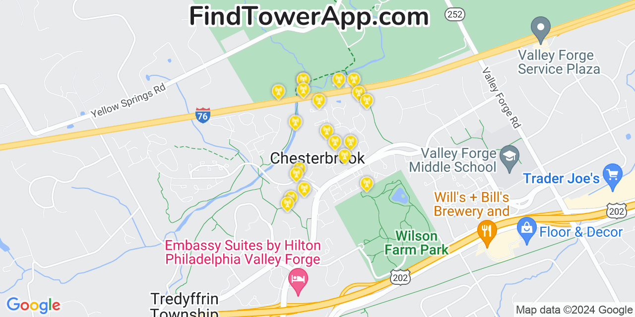 AT&T 4G/5G cell tower coverage map Chesterbrook, Pennsylvania