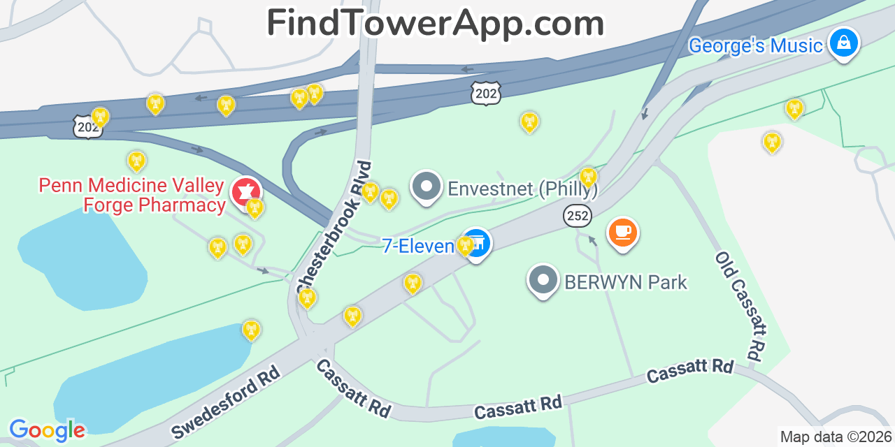Map showing the 20 primary cell tower locations detected in Chesterbrook, Pennsylvania from AT&T, Verizon, and T-Mobile networks