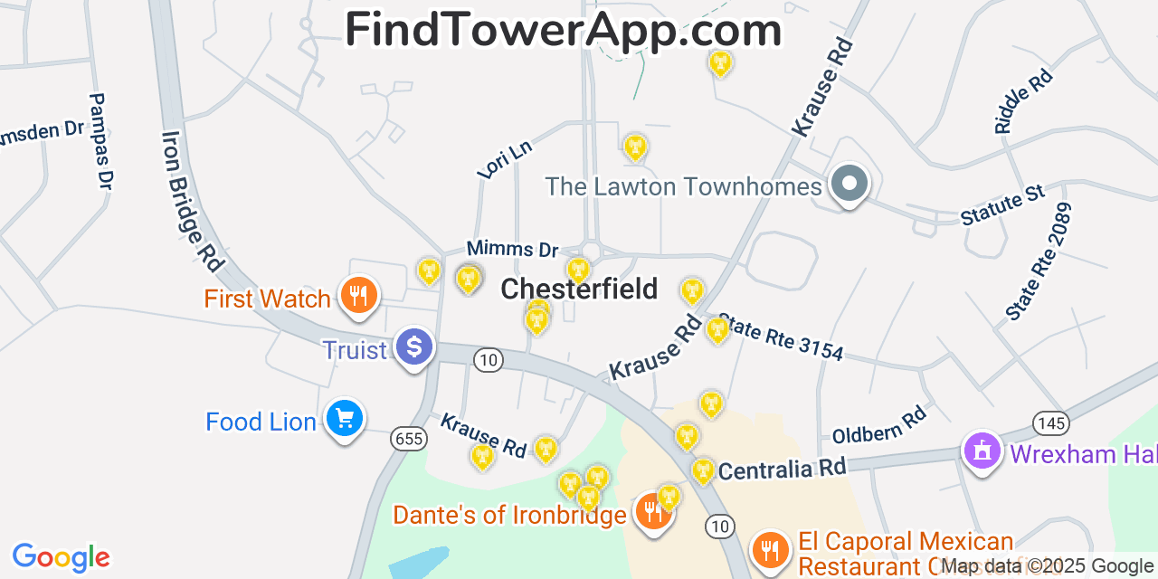 Map showing the 20 primary cell tower locations detected in Chesterfield Court House, Virginia from AT&T, Verizon, and T-Mobile networks