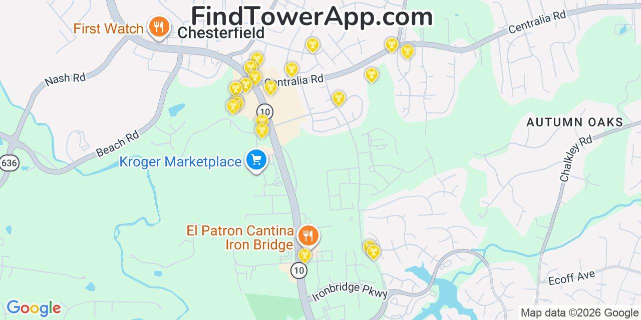 Map showing the 20 primary cell tower locations detected in Chesterfield Court House, Virginia from AT&T, Verizon, and T-Mobile networks