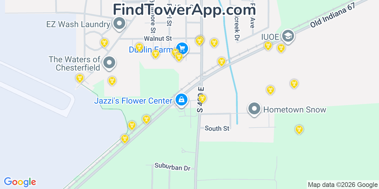 Map showing the 20 primary cell tower locations detected in Chesterfield, Indiana from AT&T, Verizon, and T-Mobile networks