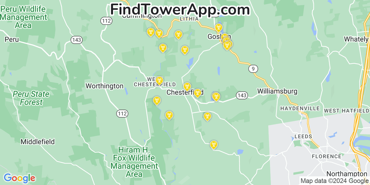 AT&T 4G/5G cell tower coverage map Chesterfield, Massachusetts