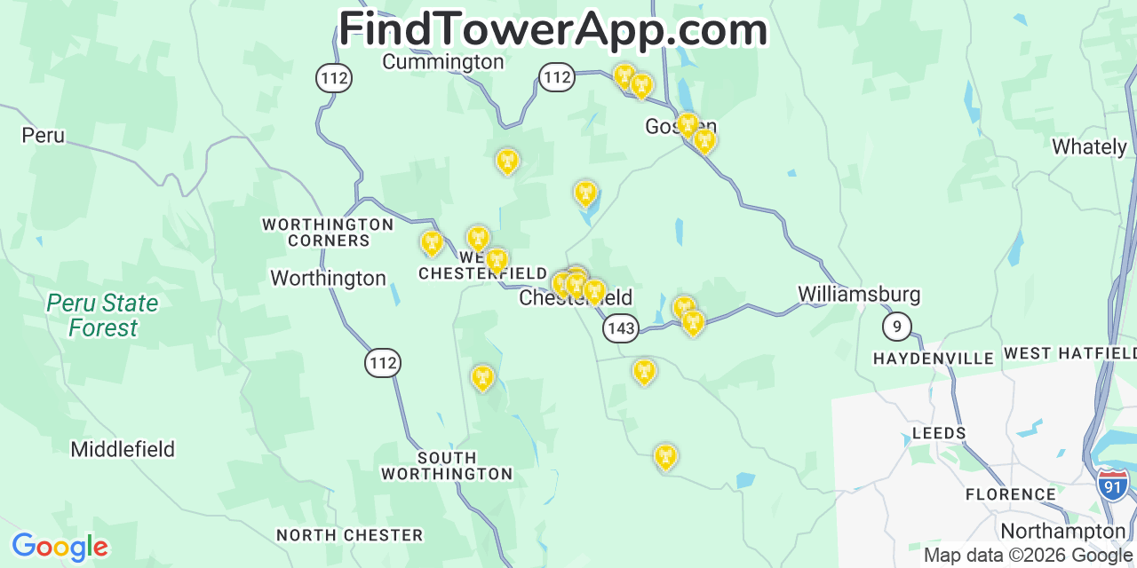 Map showing the 20 primary cell tower locations detected in Chesterfield, Massachusetts from AT&T, Verizon, and T-Mobile networks