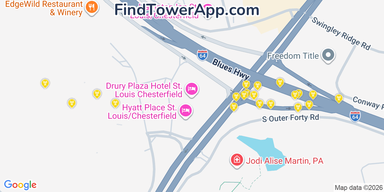 Map showing the 20 primary cell tower locations detected in Chesterfield, Missouri from AT&T, Verizon, and T-Mobile networks