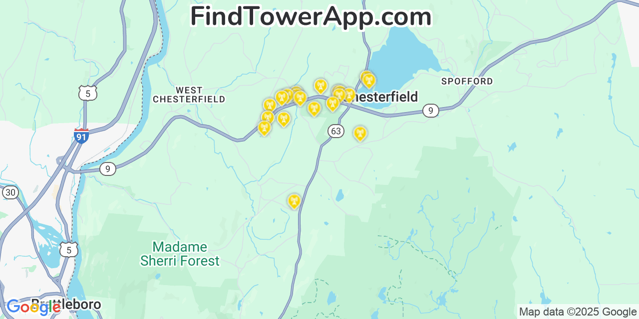 Map showing the 20 primary cell tower locations detected in Chesterfield, New Hampshire from AT&T, Verizon, and T-Mobile networks