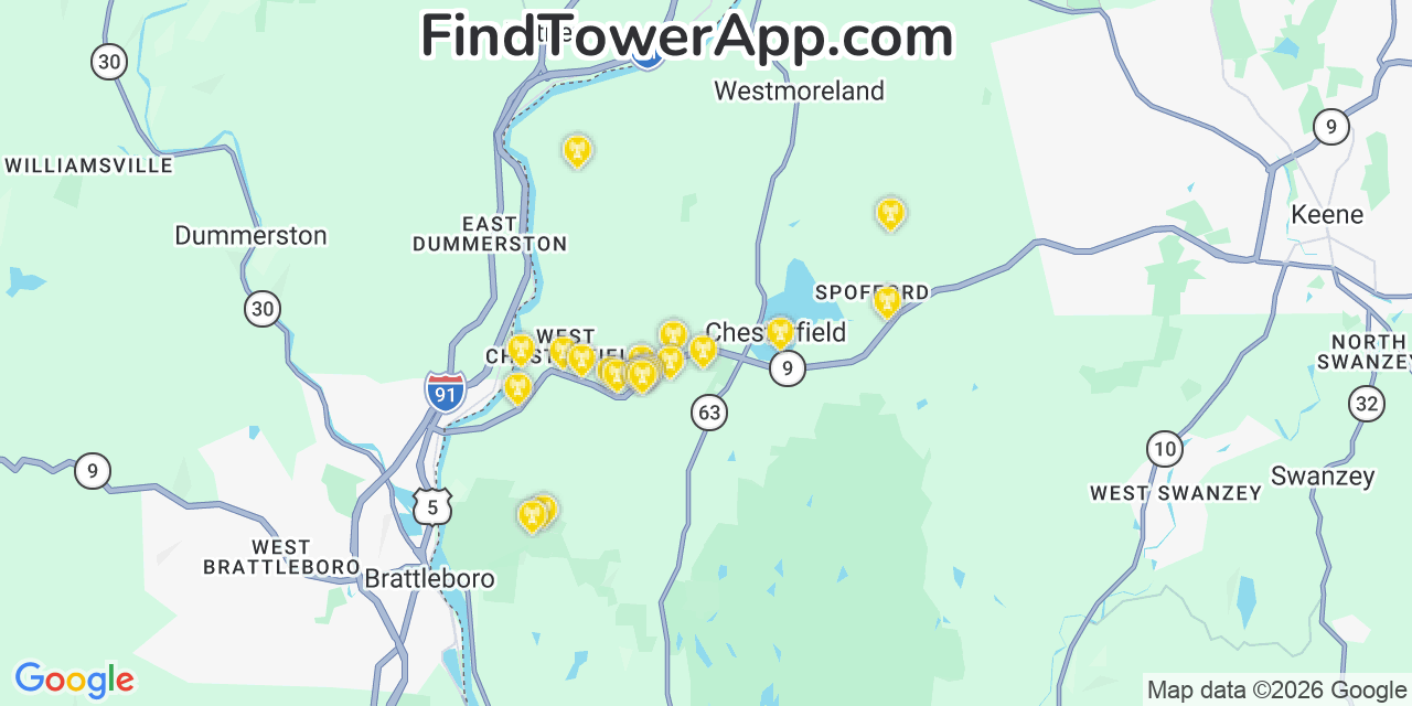 Map showing the 20 primary cell tower locations detected in Chesterfield, New Hampshire from AT&T, Verizon, and T-Mobile networks