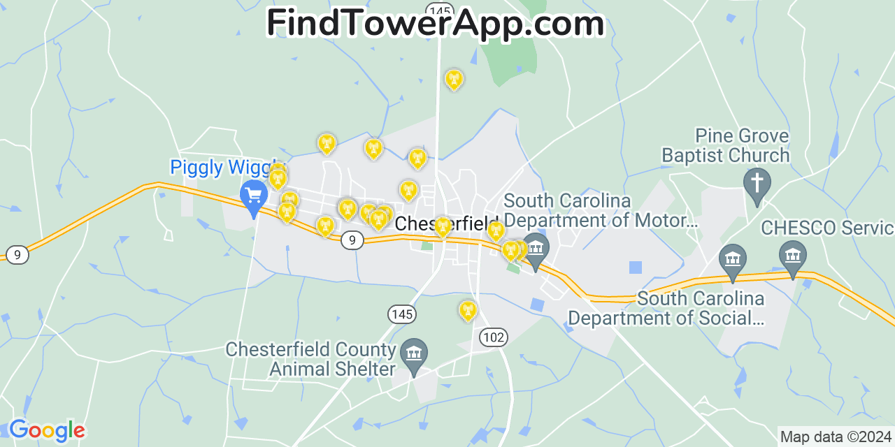 AT&T 4G/5G cell tower coverage map Chesterfield, South Carolina