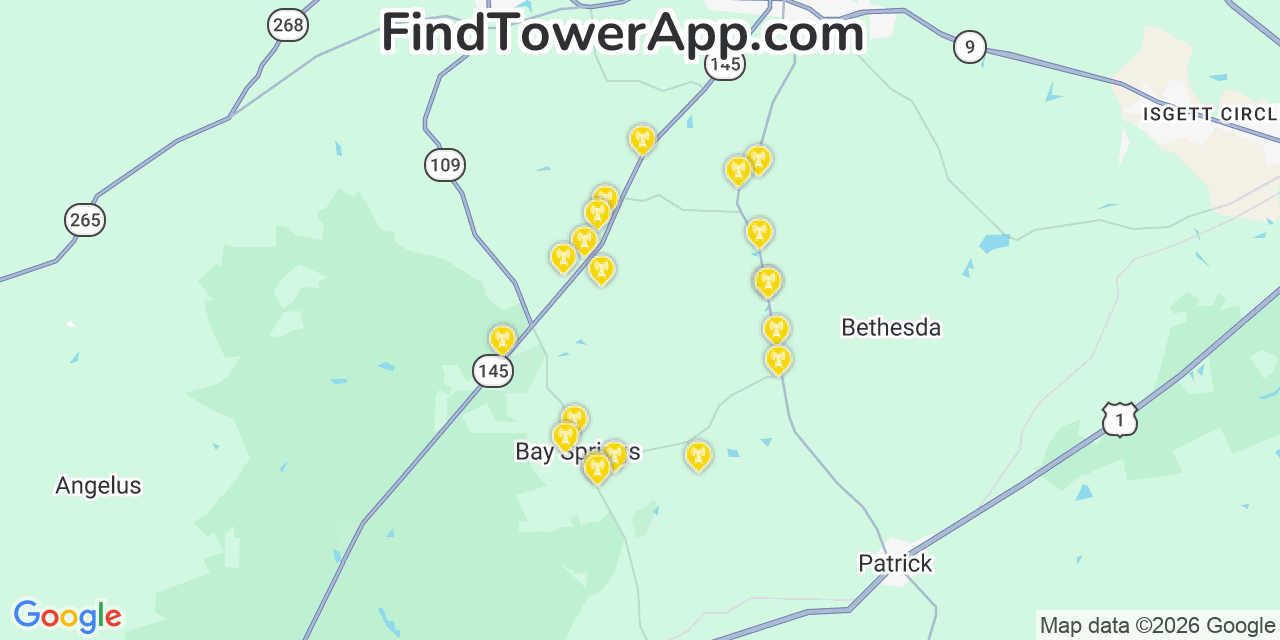 Map showing the 20 primary cell tower locations detected in Chesterfield, South Carolina from AT&T, Verizon, and T-Mobile networks