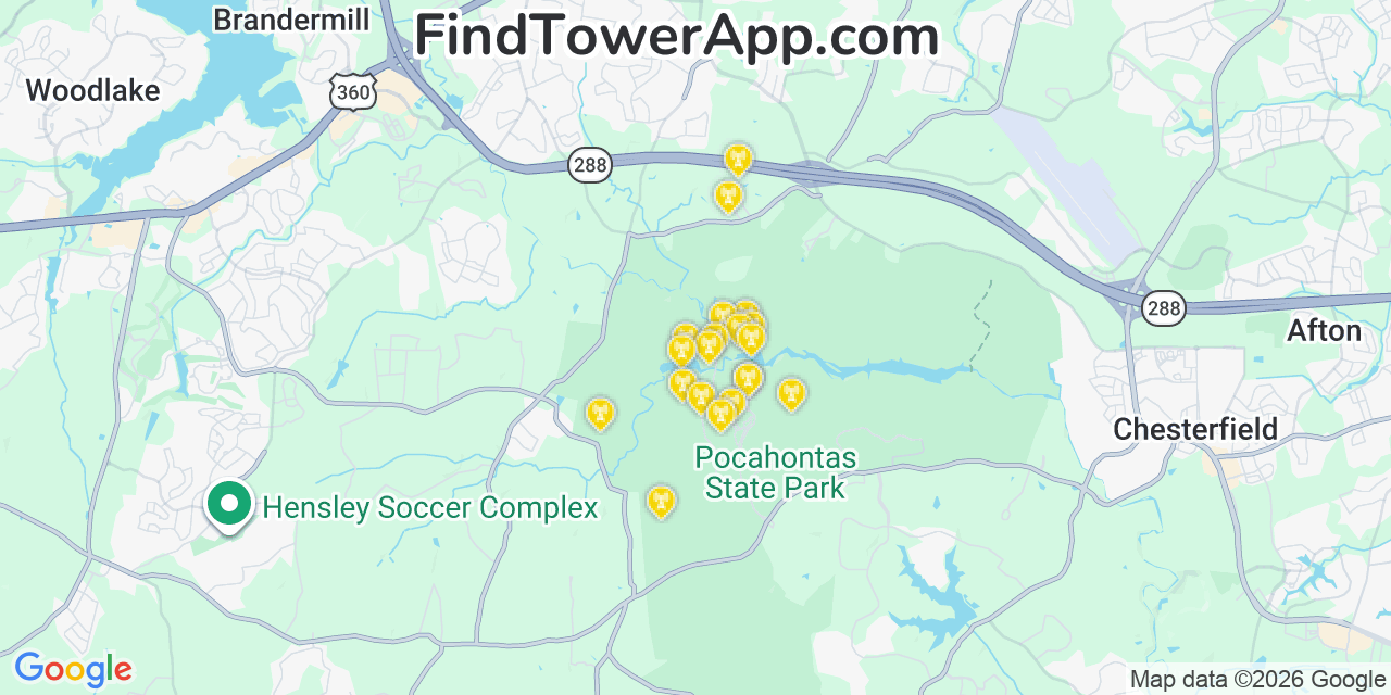 Map showing the 20 primary cell tower locations detected in Chesterfield, Virginia from AT&T, Verizon, and T-Mobile networks