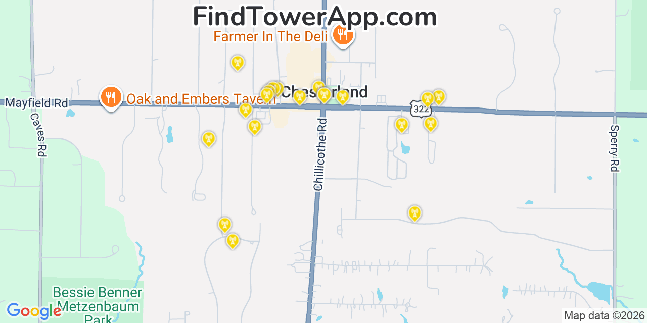 Map showing the 20 primary cell tower locations detected in Chesterland, Ohio from AT&T, Verizon, and T-Mobile networks