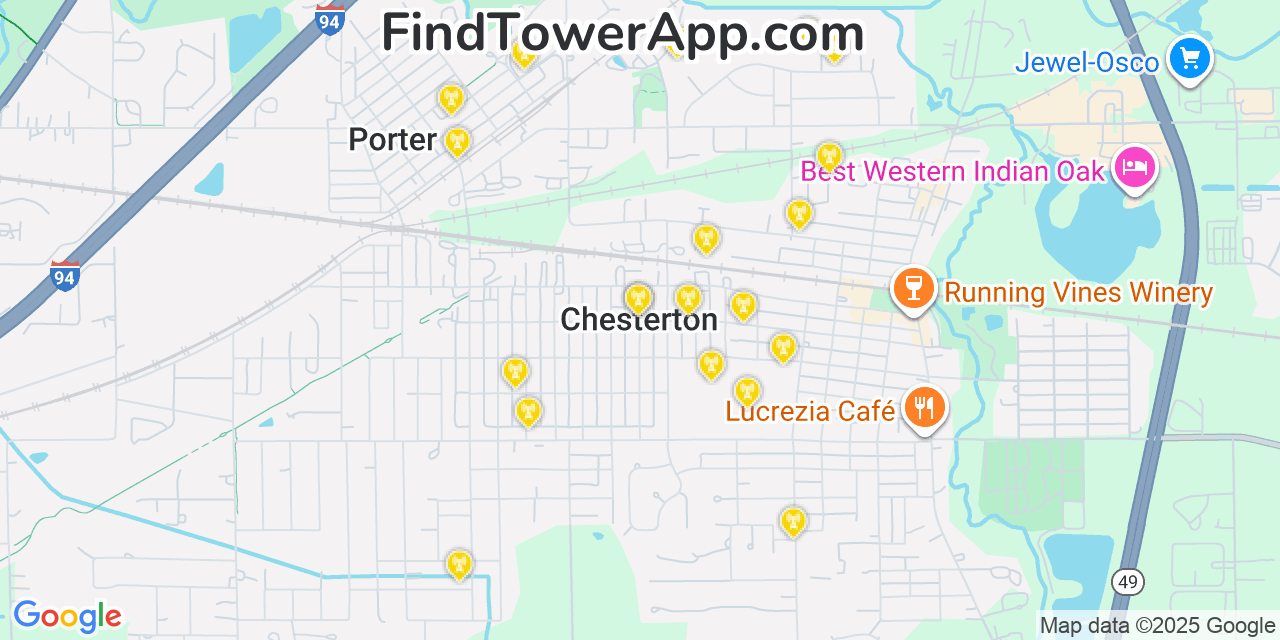 Map showing the 20 primary cell tower locations detected in Chesterton, Indiana from AT&T, Verizon, and T-Mobile networks