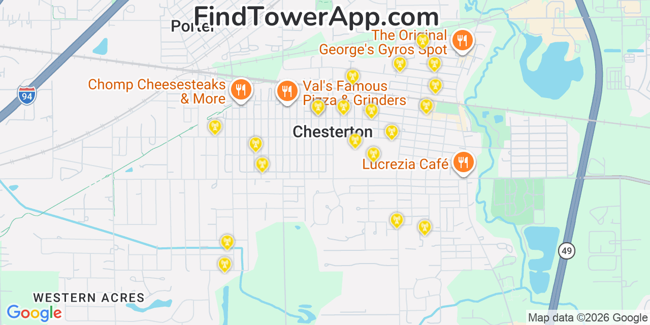 Map showing the 20 primary cell tower locations detected in Chesterton, Indiana from AT&T, Verizon, and T-Mobile networks