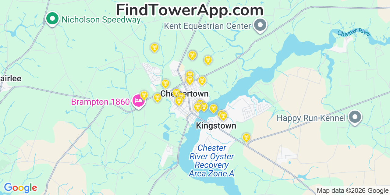 Map showing the 20 primary cell tower locations detected in Chestertown, Maryland from AT&T, Verizon, and T-Mobile networks