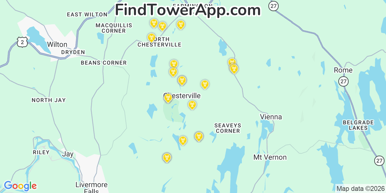 Map showing the 20 primary cell tower locations detected in Chesterville, Maine from AT&T, Verizon, and T-Mobile networks