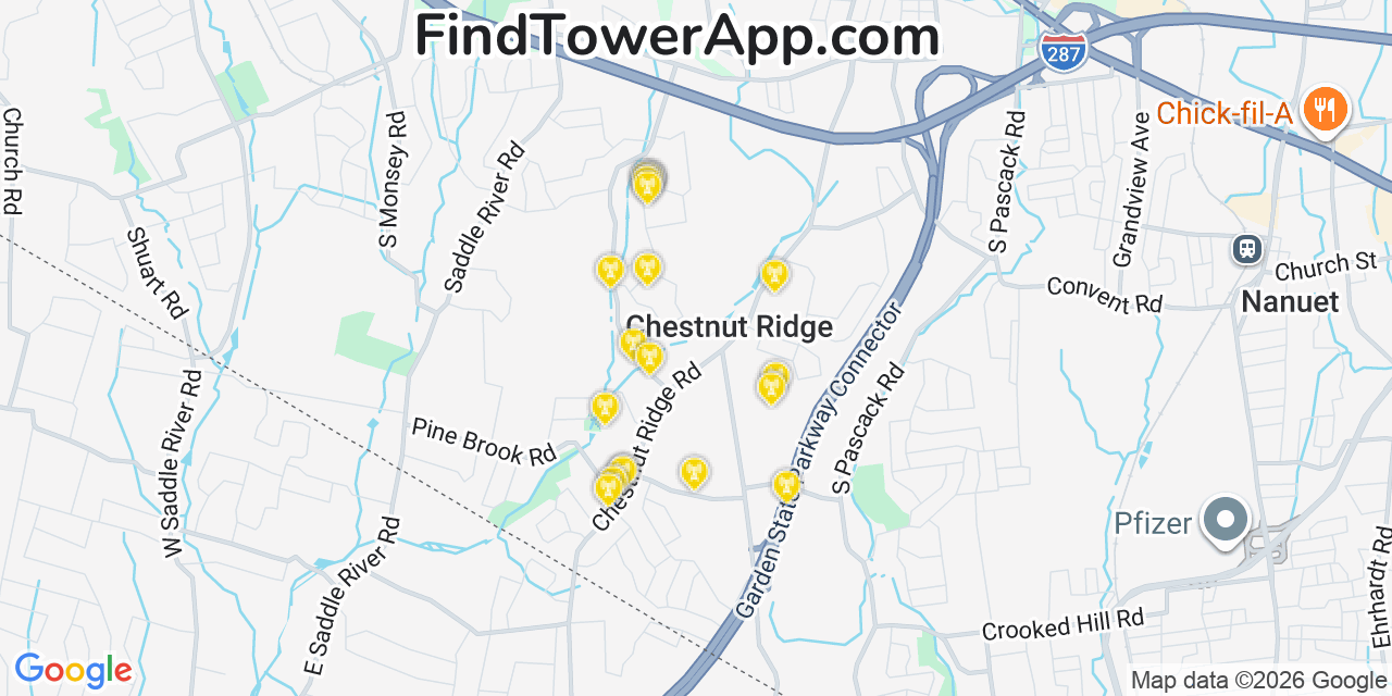 Map showing the 20 primary cell tower locations detected in Chestnut Ridge, New York from AT&T, Verizon, and T-Mobile networks