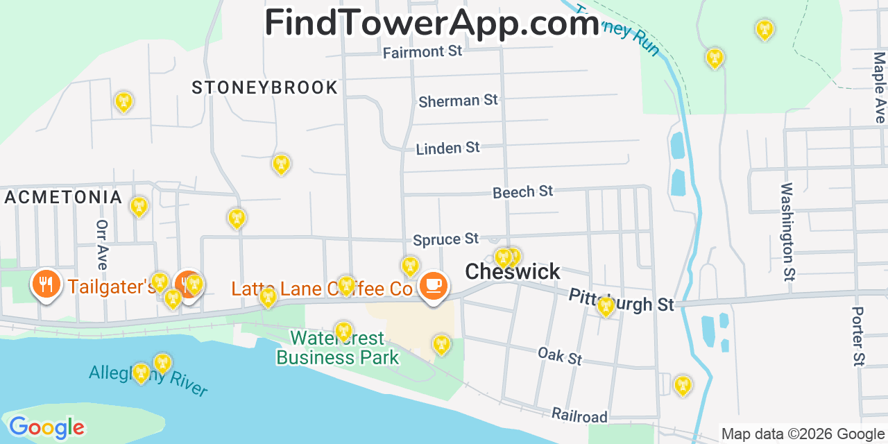 Map showing the 20 primary cell tower locations detected in Cheswick, Pennsylvania from AT&T, Verizon, and T-Mobile networks