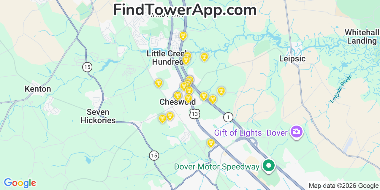 Map showing the 20 primary cell tower locations detected in Cheswold, Delaware from AT&T, Verizon, and T-Mobile networks