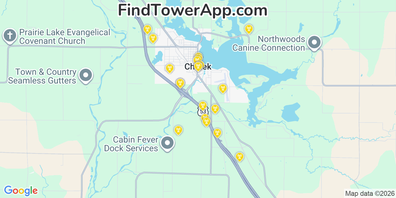 Map showing the 20 primary cell tower locations detected in Chetek, Wisconsin from AT&T, Verizon, and T-Mobile networks