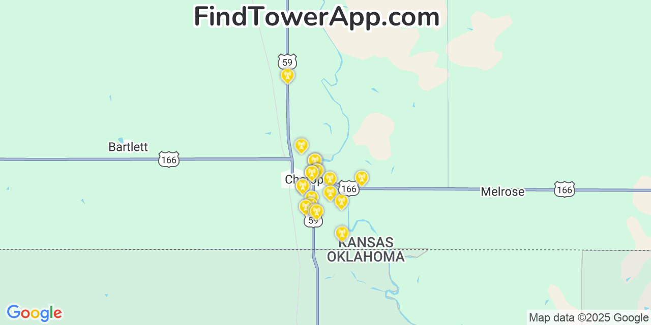 Map showing the 20 primary cell tower locations detected in Chetopa, Kansas from AT&T, Verizon, and T-Mobile networks
