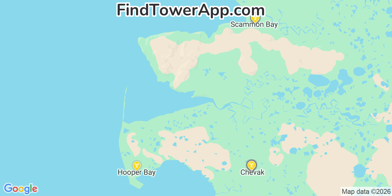 Map showing the 20 primary cell tower locations detected in Chevak, Alaska from AT&T, Verizon, and T-Mobile networks