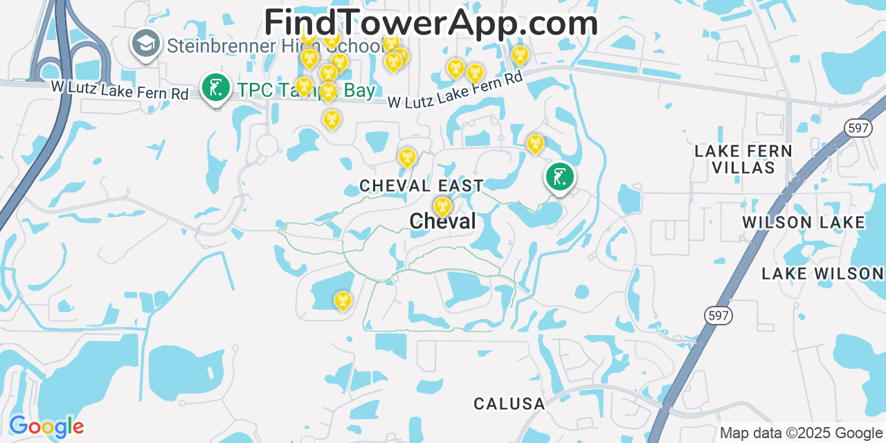 Map showing the 20 primary cell tower locations detected in Cheval, Florida from AT&T, Verizon, and T-Mobile networks