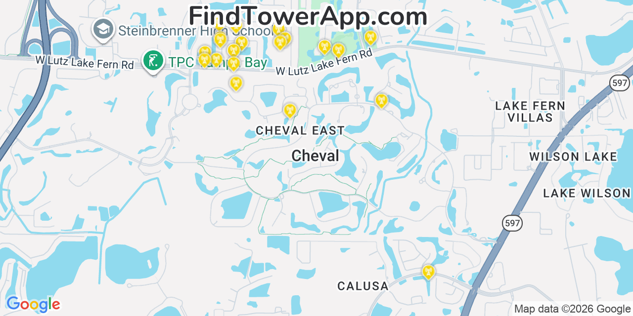 Map showing the 20 primary cell tower locations detected in Cheval, Florida from AT&T, Verizon, and T-Mobile networks