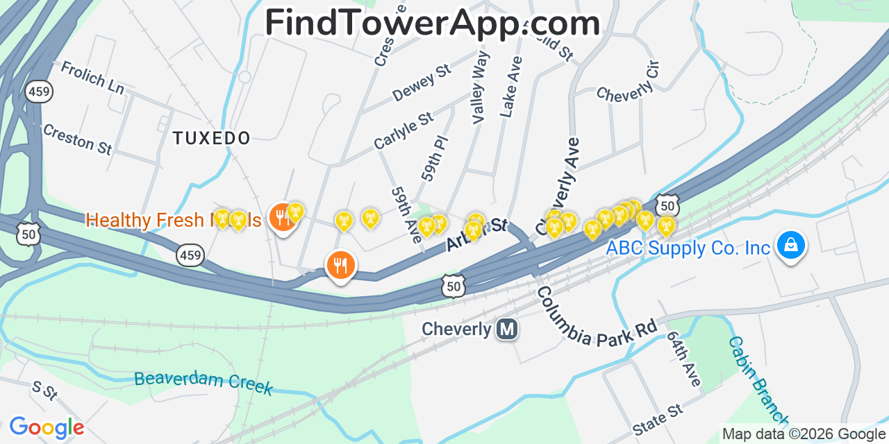 Map showing the 20 primary cell tower locations detected in Cheverly, Maryland from AT&T, Verizon, and T-Mobile networks