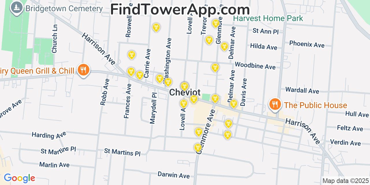 Map showing the 20 primary cell tower locations detected in Cheviot, Ohio from AT&T, Verizon, and T-Mobile networks