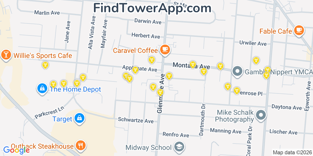 Map showing the 20 primary cell tower locations detected in Cheviot, Ohio from AT&T, Verizon, and T-Mobile networks