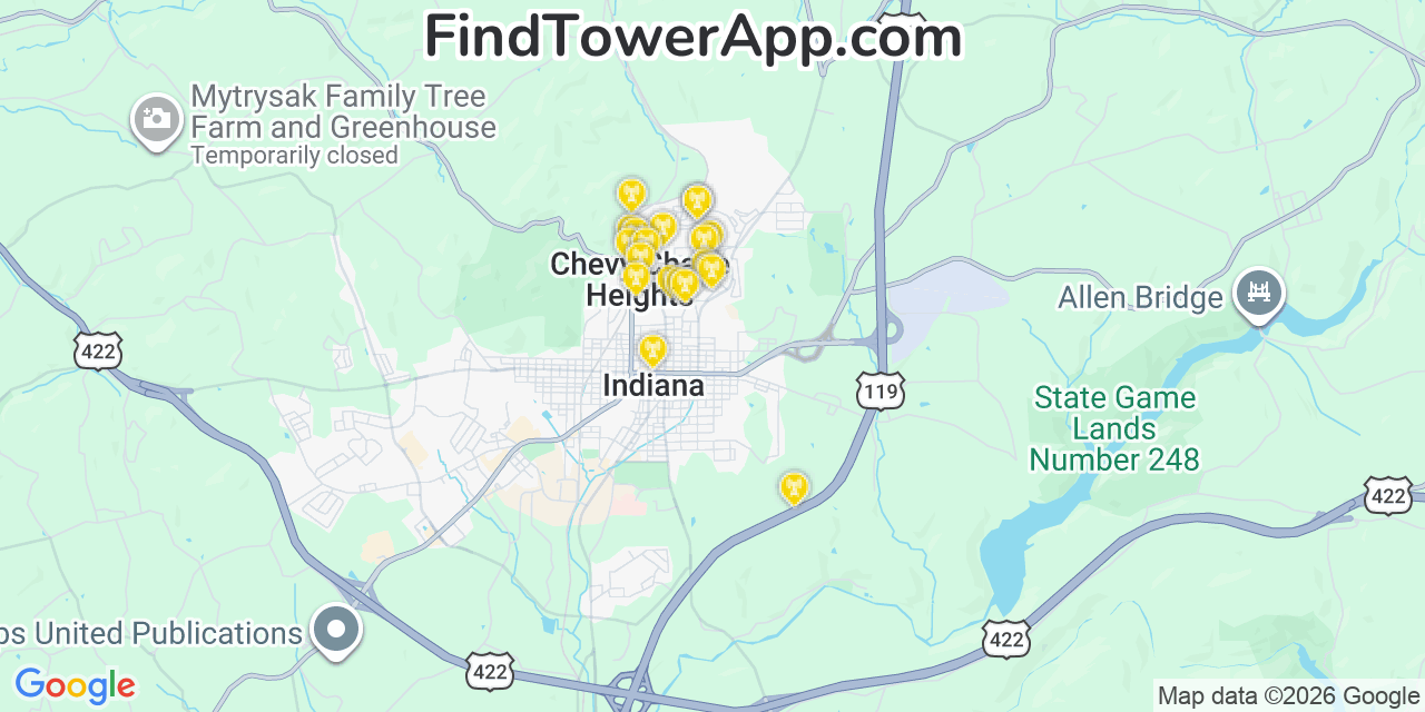 Map showing the 20 primary cell tower locations detected in Chevy Chase Heights, Pennsylvania from AT&T, Verizon, and T-Mobile networks