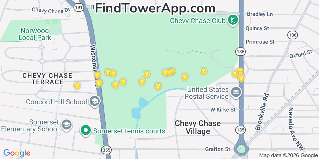 Map showing the 20 primary cell tower locations detected in Chevy Chase, Maryland from AT&T, Verizon, and T-Mobile networks
