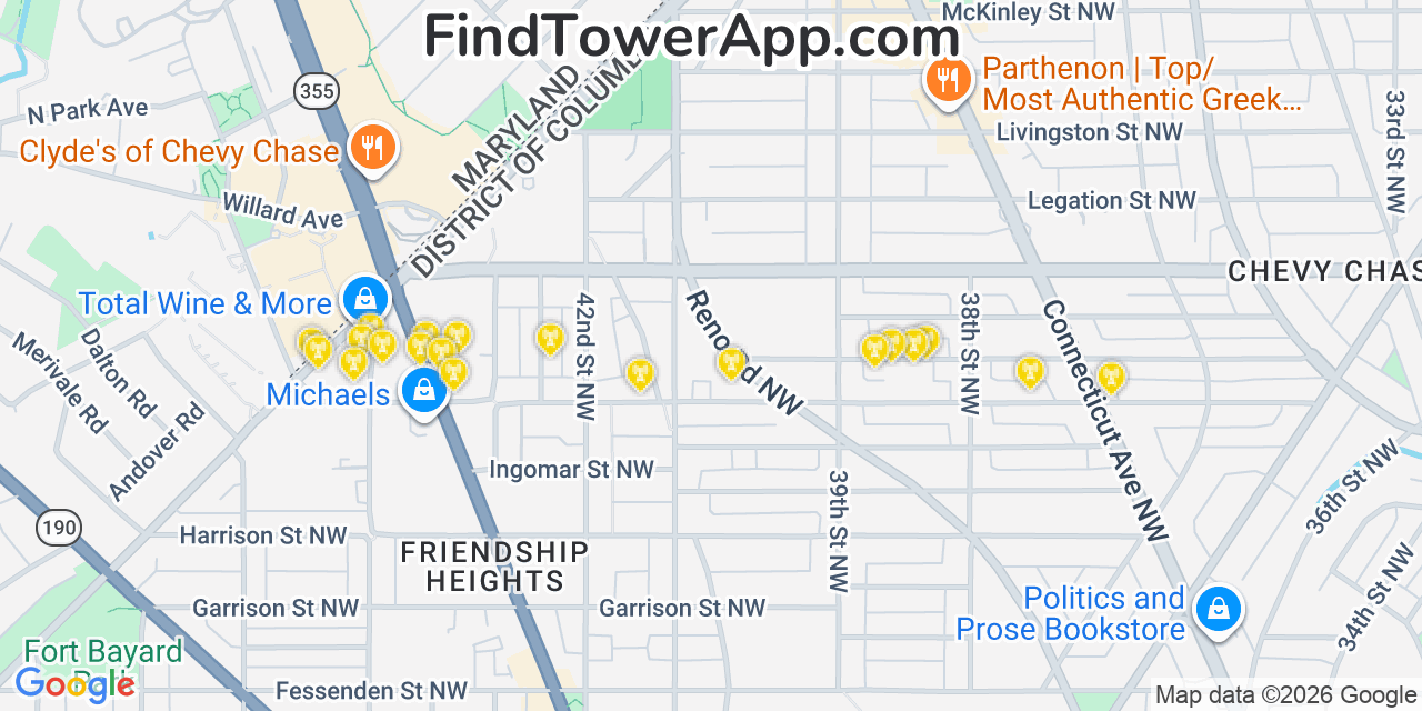 Map showing the 20 primary cell tower locations detected in Chevy Chase Village, Maryland from AT&T, Verizon, and T-Mobile networks