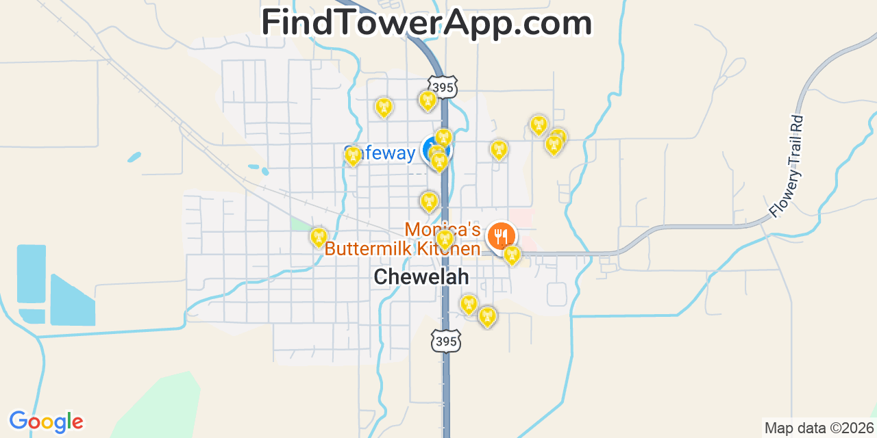 Map showing the 20 primary cell tower locations detected in Chewelah, Washington from AT&T, Verizon, and T-Mobile networks