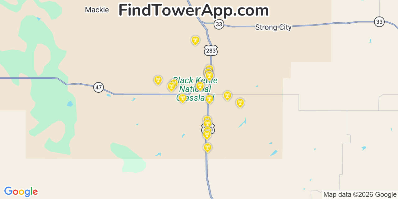 Map showing the 20 primary cell tower locations detected in Cheyenne, Oklahoma from AT&T, Verizon, and T-Mobile networks
