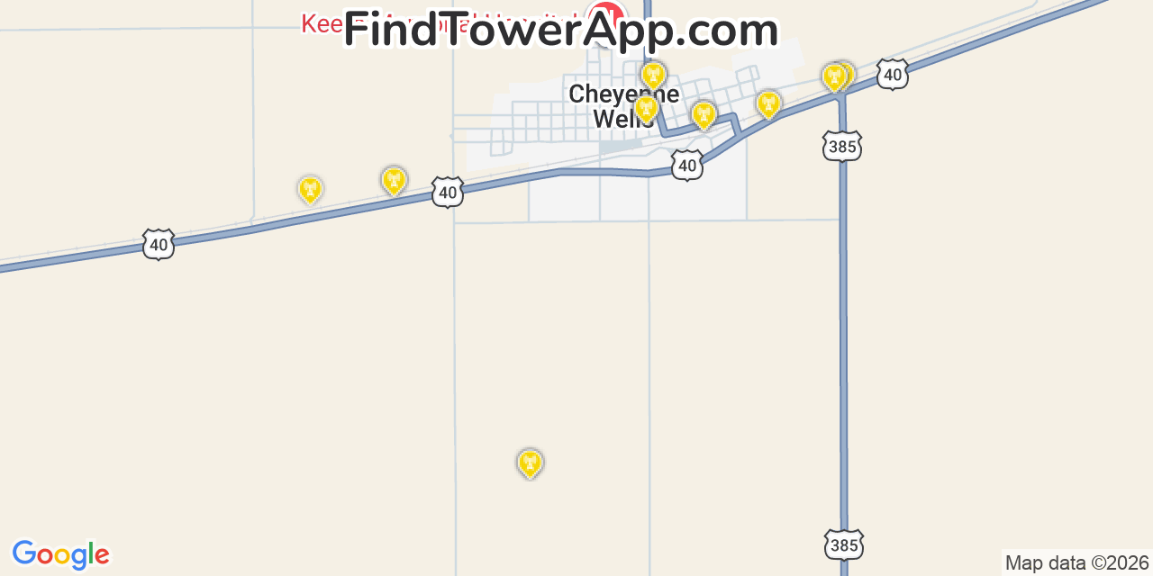 Map showing the 20 primary cell tower locations detected in Cheyenne Wells, Colorado from AT&T, Verizon, and T-Mobile networks