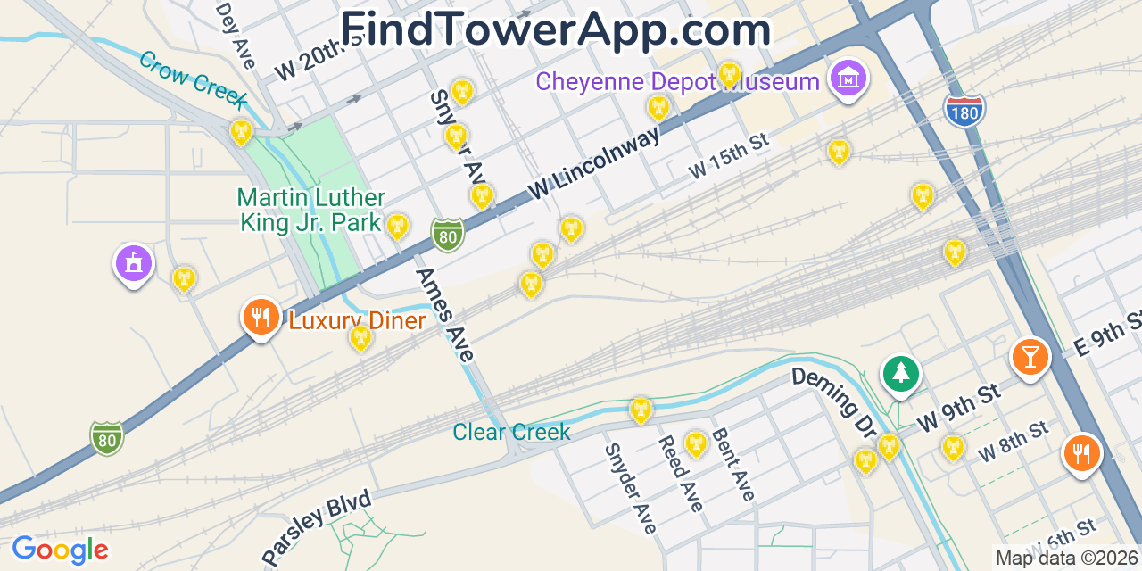 Map showing the 20 primary cell tower locations detected in Cheyenne, Wyoming from AT&T, Verizon, and T-Mobile networks