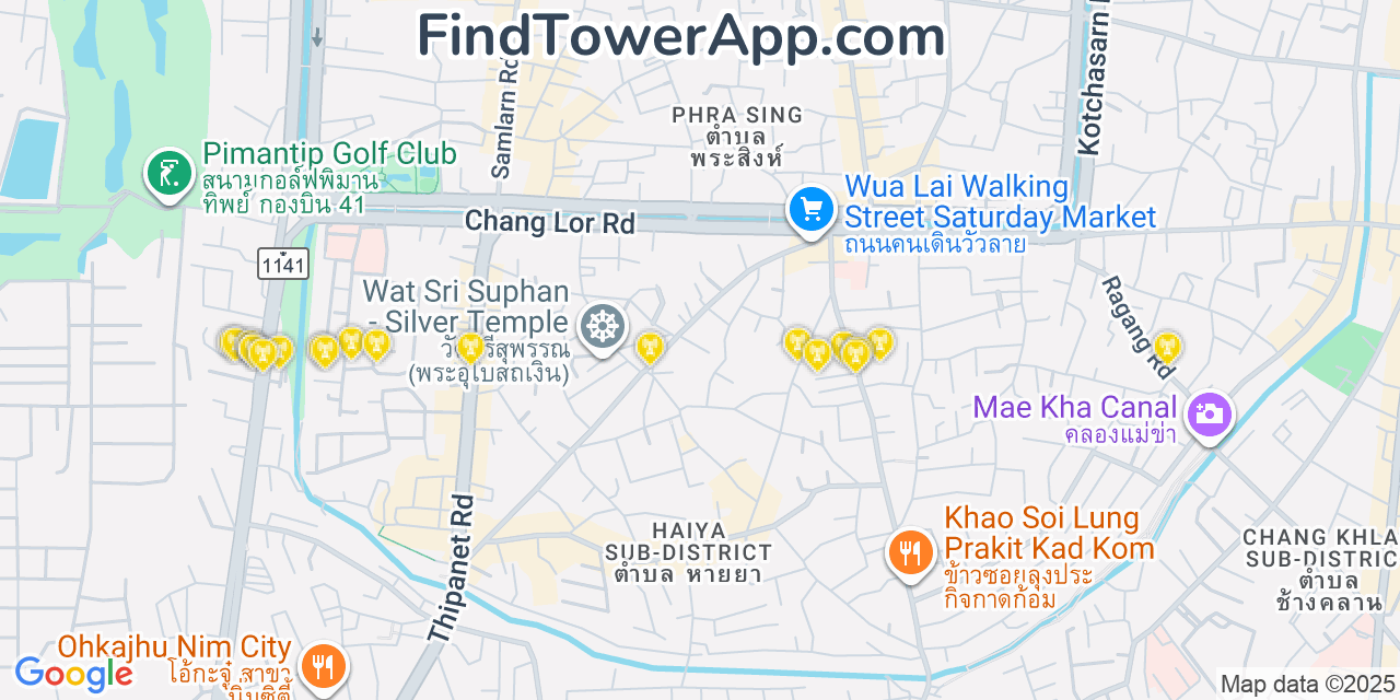 Map showing the 20 primary cell tower locations detected in Chiang Mai, Thailand with coverage areas and signal strength
